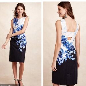 ANTHROPOLOGIE Vanda Pencil Dress Floral Blue Back Cutout Sleeveless Sheath